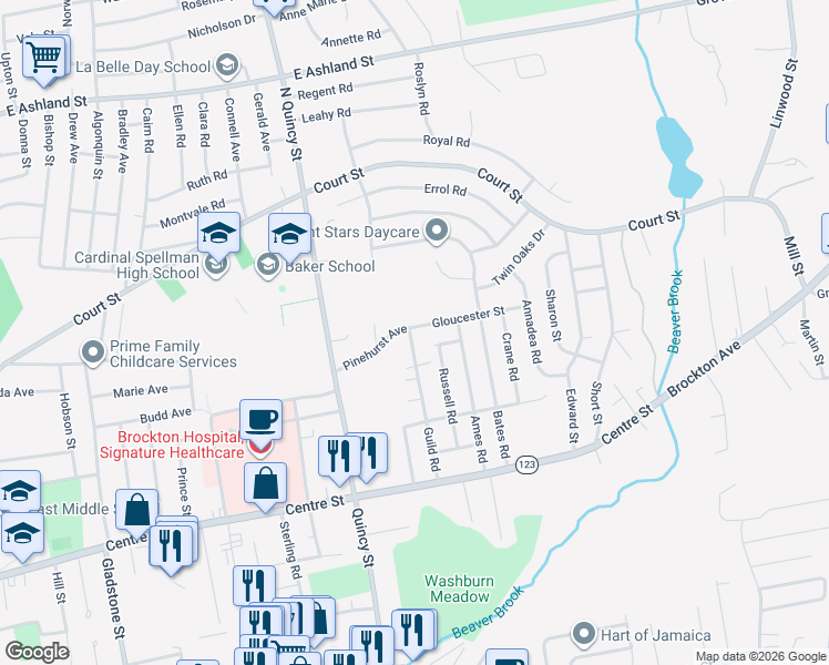 map of restaurants, bars, coffee shops, grocery stores, and more near 66 Pinehurst Avenue in Brockton