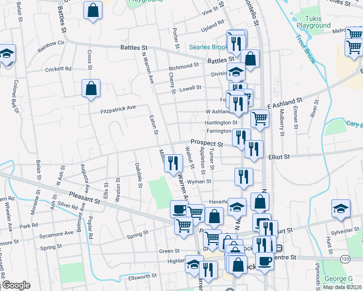 map of restaurants, bars, coffee shops, grocery stores, and more near 128 Prospect Street in Brockton