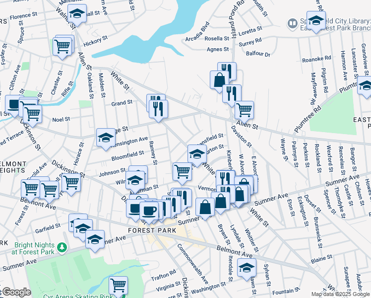 map of restaurants, bars, coffee shops, grocery stores, and more near 248 White Street in Springfield