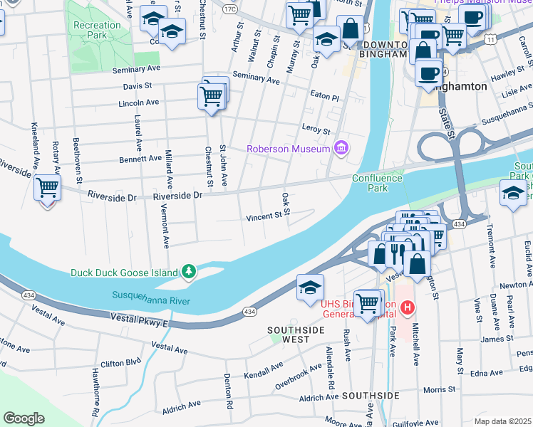 map of restaurants, bars, coffee shops, grocery stores, and more near 8 Vincent Street in Binghamton
