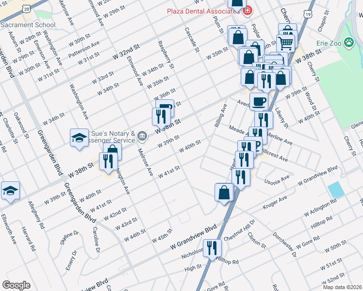 map of restaurants, bars, coffee shops, grocery stores, and more near 1148 West 40th Street in Erie