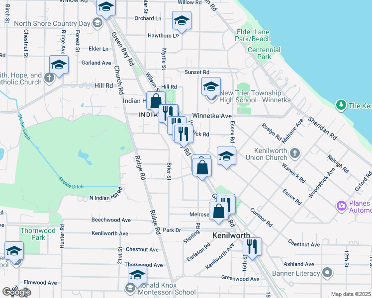 map of restaurants, bars, coffee shops, grocery stores, and more near 20 Green Bay Road in Winnetka