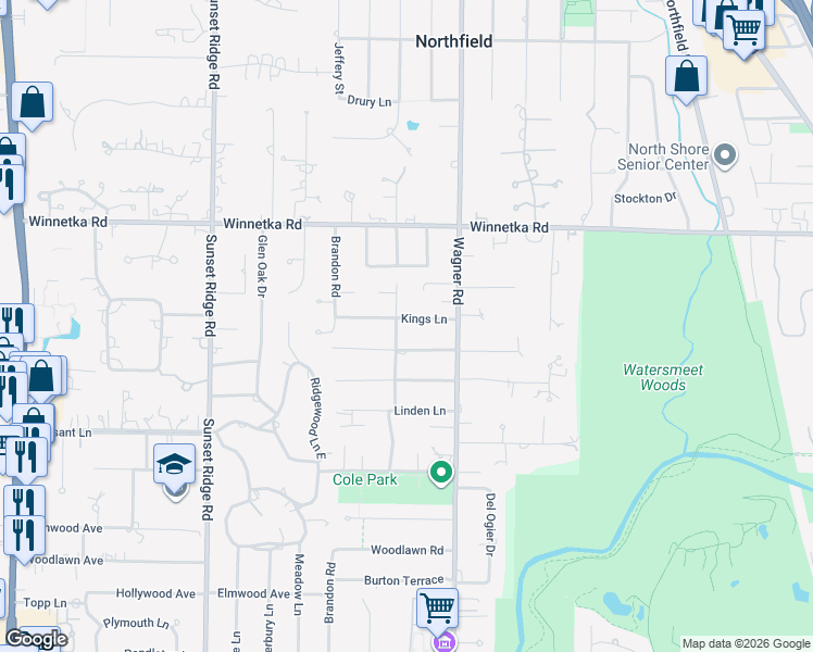 map of restaurants, bars, coffee shops, grocery stores, and more near 949 Kings Lane in Glenview