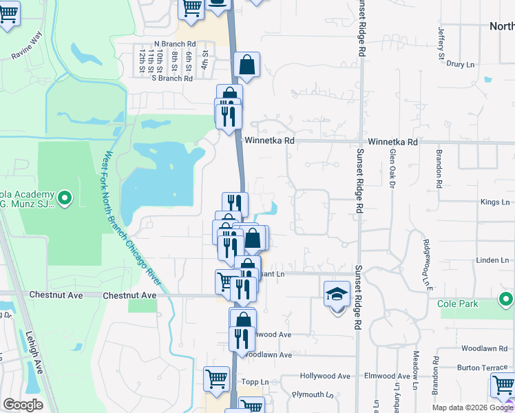 map of restaurants, bars, coffee shops, grocery stores, and more near 2029 Ammer Ridge Court in Glenview