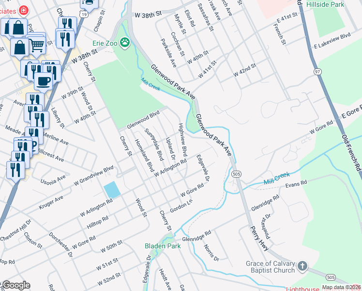 map of restaurants, bars, coffee shops, grocery stores, and more near 4630 Highview Blvd in Erie