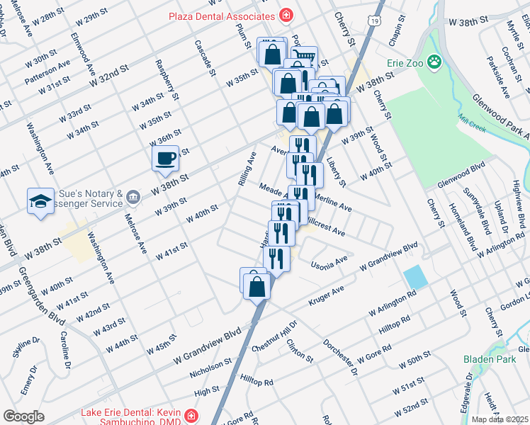 map of restaurants, bars, coffee shops, grocery stores, and more near 115 Belmont Ave in Erie