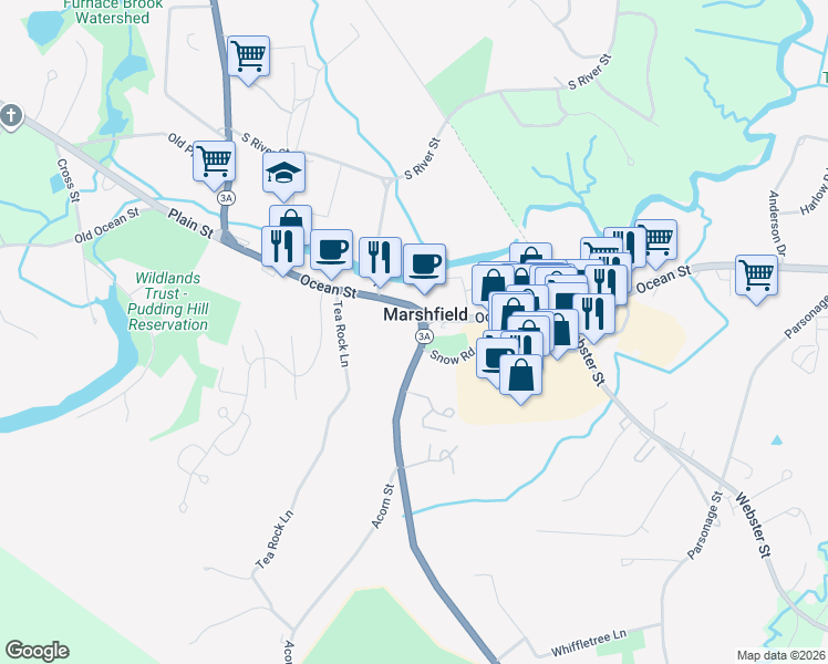 map of restaurants, bars, coffee shops, grocery stores, and more near 2025 Ocean Street in Marshfield