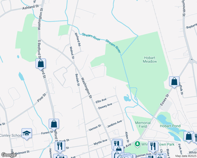 map of restaurants, bars, coffee shops, grocery stores, and more near 57 Belcher Drive in Whitman