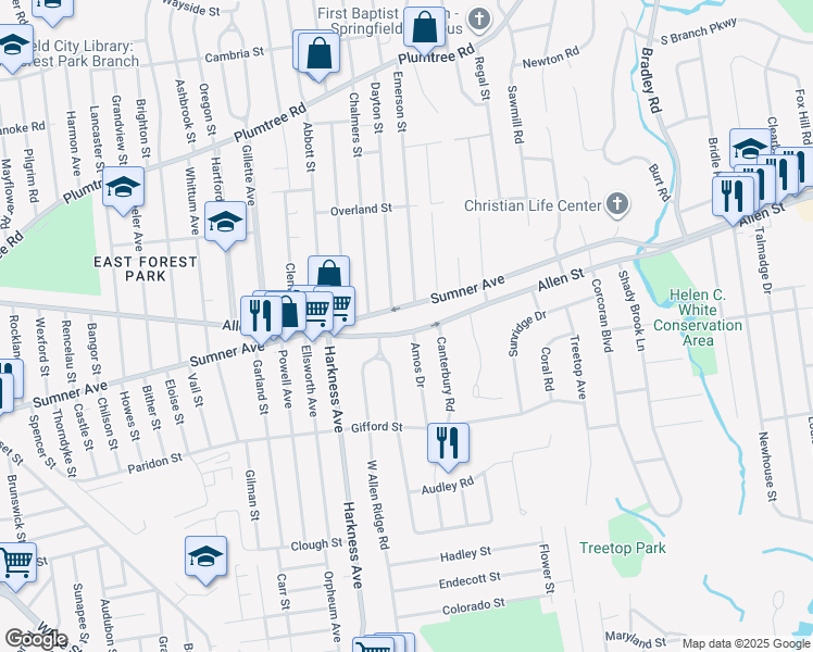 map of restaurants, bars, coffee shops, grocery stores, and more near 993 Allen Street in Springfield