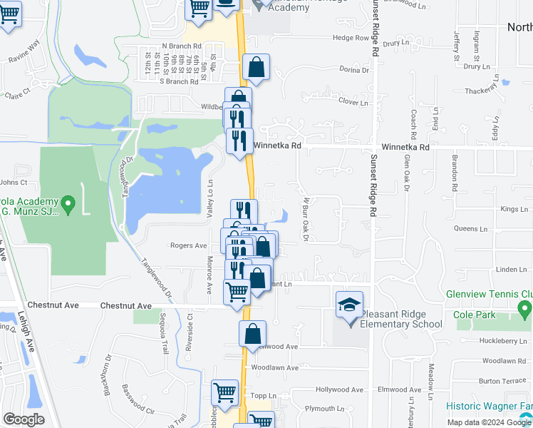 map of restaurants, bars, coffee shops, grocery stores, and more near 2029 Ammer Ridge Court in Glenview