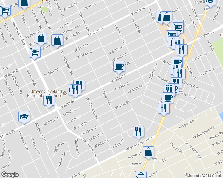 map of restaurants, bars, coffee shops, grocery stores, and more near 1338 West 39th Street in Erie