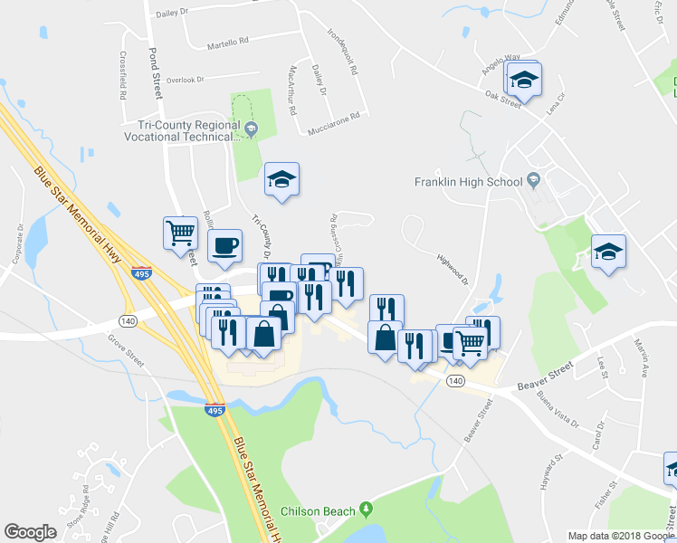 map of restaurants, bars, coffee shops, grocery stores, and more near 1261 Franklin Crossing Road in Franklin