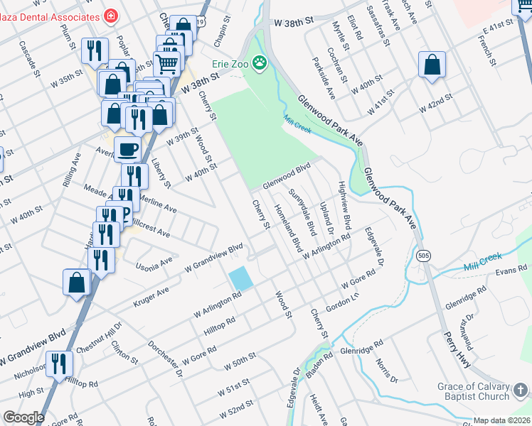 map of restaurants, bars, coffee shops, grocery stores, and more near 4507 Cherry Street in Erie