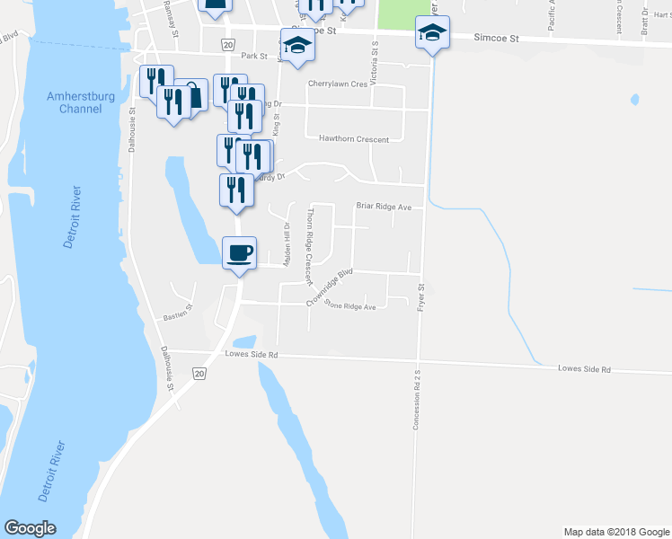 map of restaurants, bars, coffee shops, grocery stores, and more near 300 Crownridge Boulevard in Amherstburg