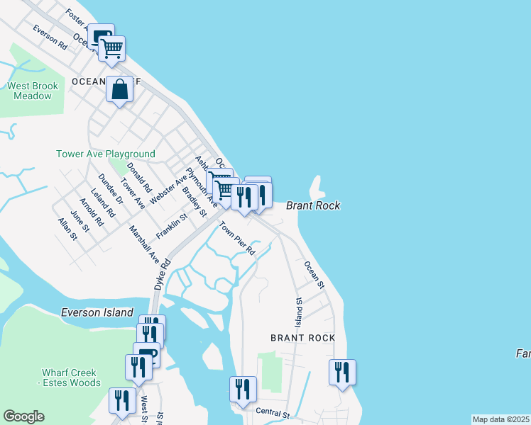 map of restaurants, bars, coffee shops, grocery stores, and more near 11 Middle Street in Marshfield