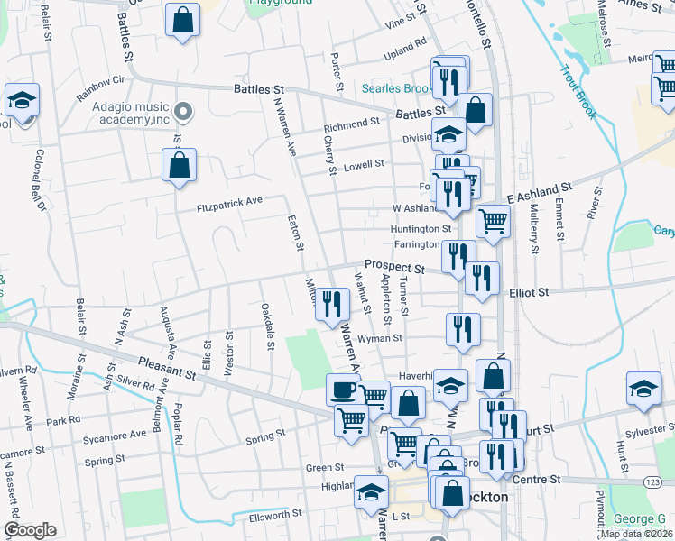 map of restaurants, bars, coffee shops, grocery stores, and more near 128 Prospect Street in Brockton