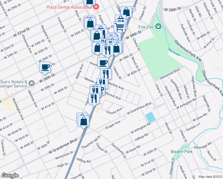 map of restaurants, bars, coffee shops, grocery stores, and more near 4119 Wabash Ave in Erie