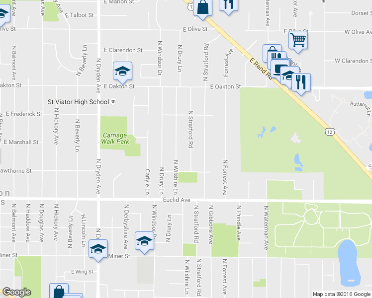 map of restaurants, bars, coffee shops, grocery stores, and more near 736 N Stratford Rd in Arlington Heights