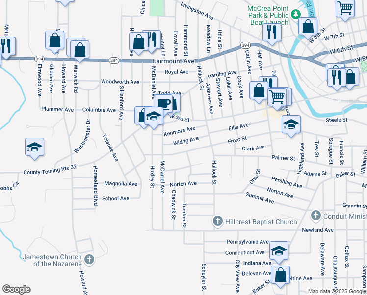 map of restaurants, bars, coffee shops, grocery stores, and more near 544 Front Street in Jamestown