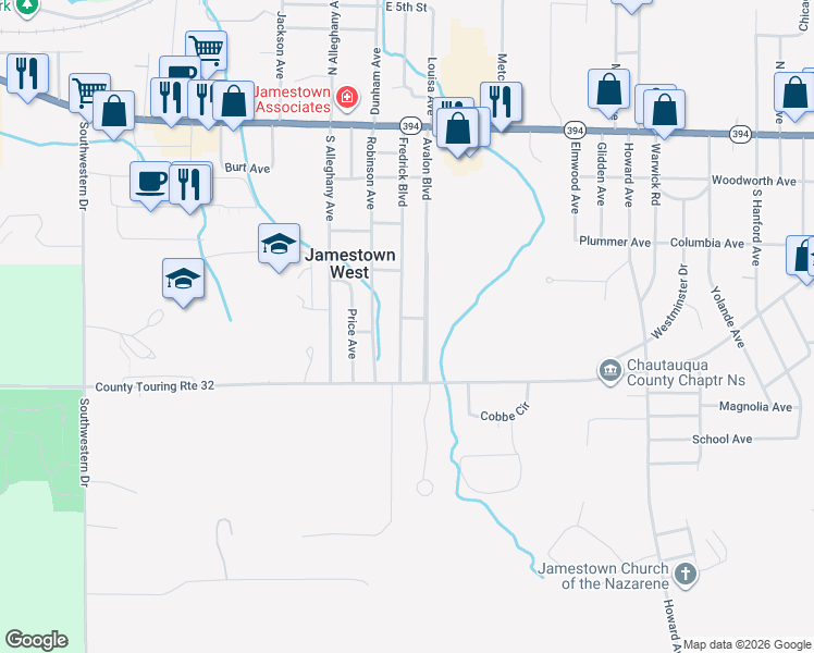 map of restaurants, bars, coffee shops, grocery stores, and more near 165 Fredrick Boulevard in Jamestown