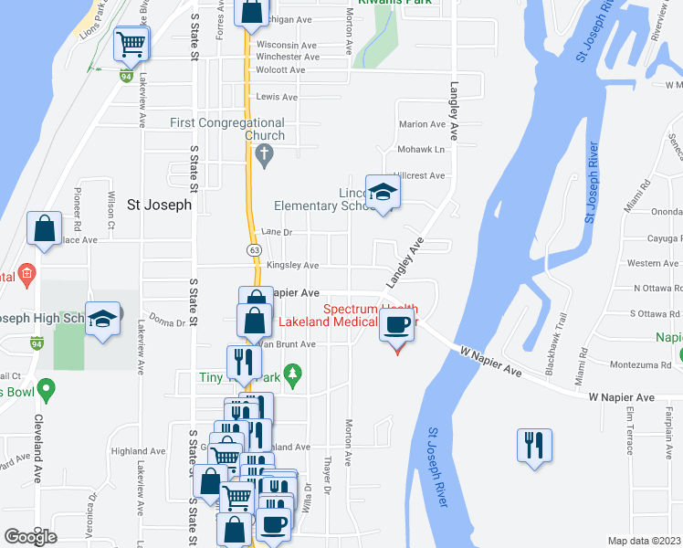 map of restaurants, bars, coffee shops, grocery stores, and more near 918 Kingsley Avenue in St. Joseph
