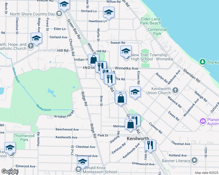 map of restaurants, bars, coffee shops, grocery stores, and more near 20 Green Bay Road in Winnetka