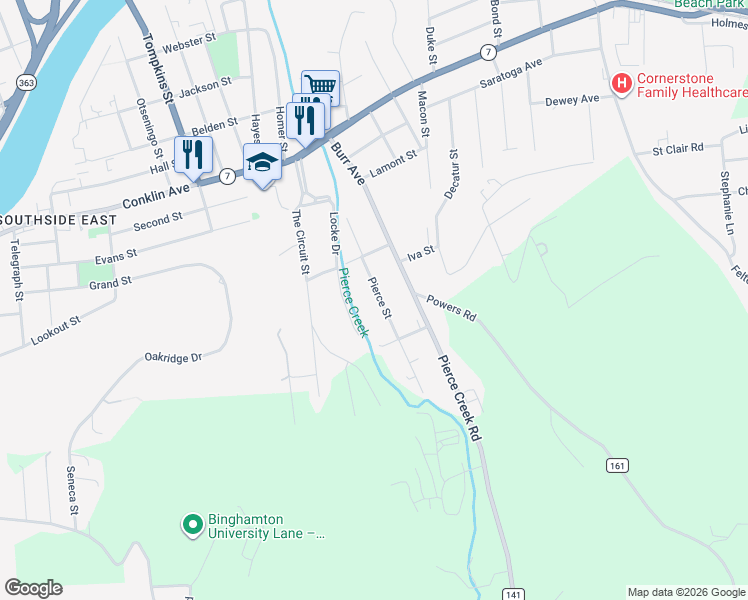 map of restaurants, bars, coffee shops, grocery stores, and more near 24 Pierce Street in Binghamton