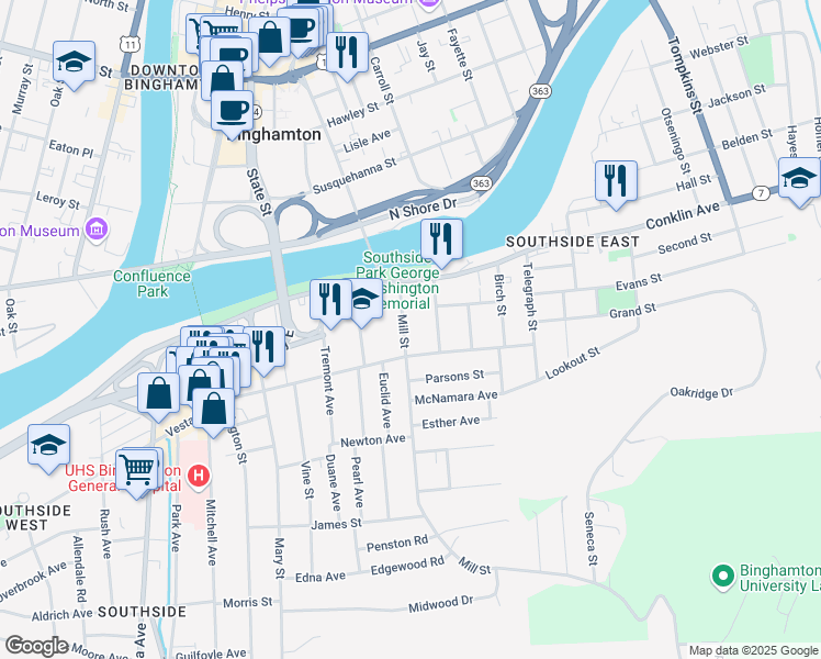 map of restaurants, bars, coffee shops, grocery stores, and more near 17 Mill Street in Binghamton