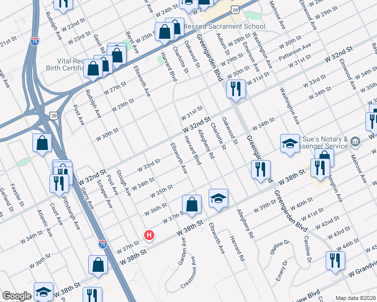 map of restaurants, bars, coffee shops, grocery stores, and more near 3308 Harvard Rd in Erie