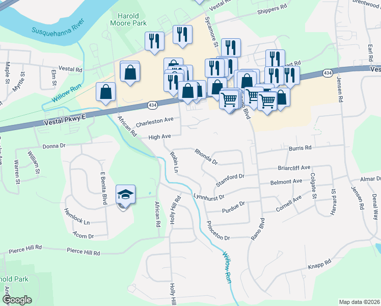 map of restaurants, bars, coffee shops, grocery stores, and more near 2448 Rhonda Drive in Vestal
