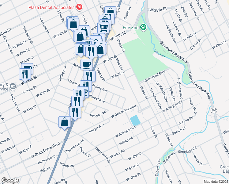 map of restaurants, bars, coffee shops, grocery stores, and more near 320 Merline Avenue in Erie