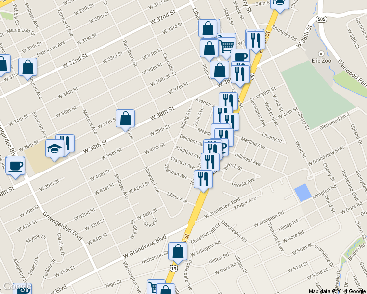 map of restaurants, bars, coffee shops, grocery stores, and more near 150 Brighton Avenue in Erie