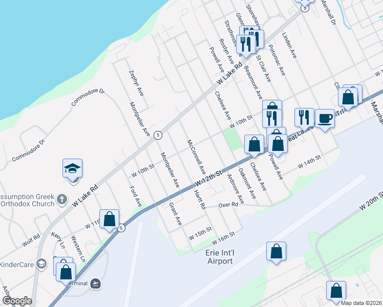 map of restaurants, bars, coffee shops, grocery stores, and more near 1010 McConnell Avenue in Erie