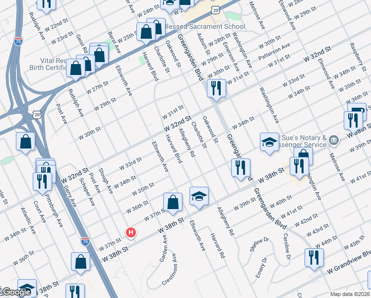 map of restaurants, bars, coffee shops, grocery stores, and more near 3324 Allegheny Rd in Erie