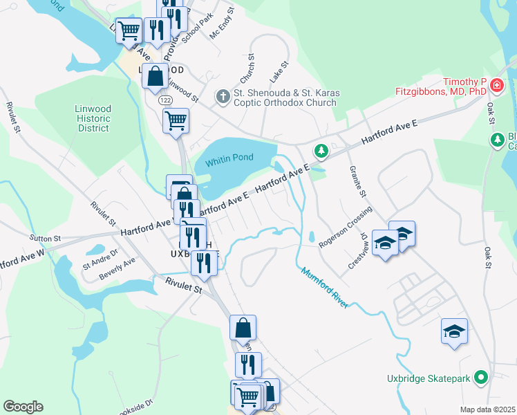 map of restaurants, bars, coffee shops, grocery stores, and more near 12 Boston Street in Uxbridge