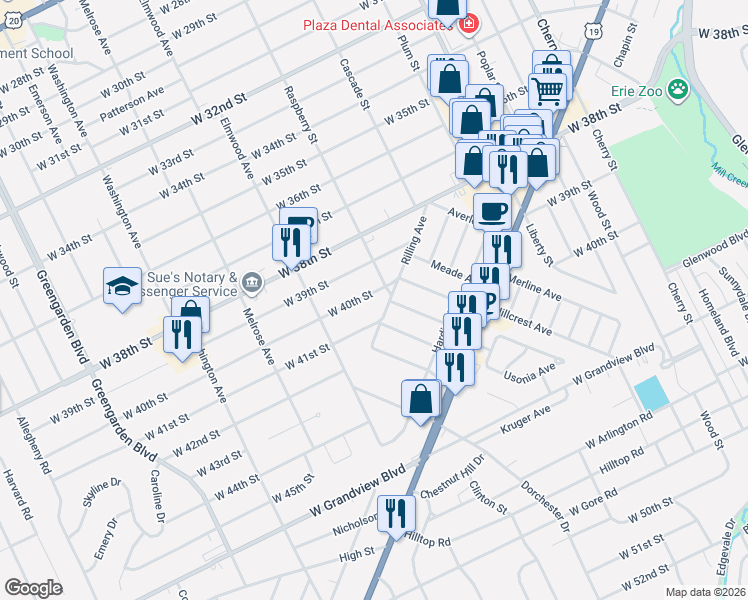 map of restaurants, bars, coffee shops, grocery stores, and more near 1115 W 40th St in Erie