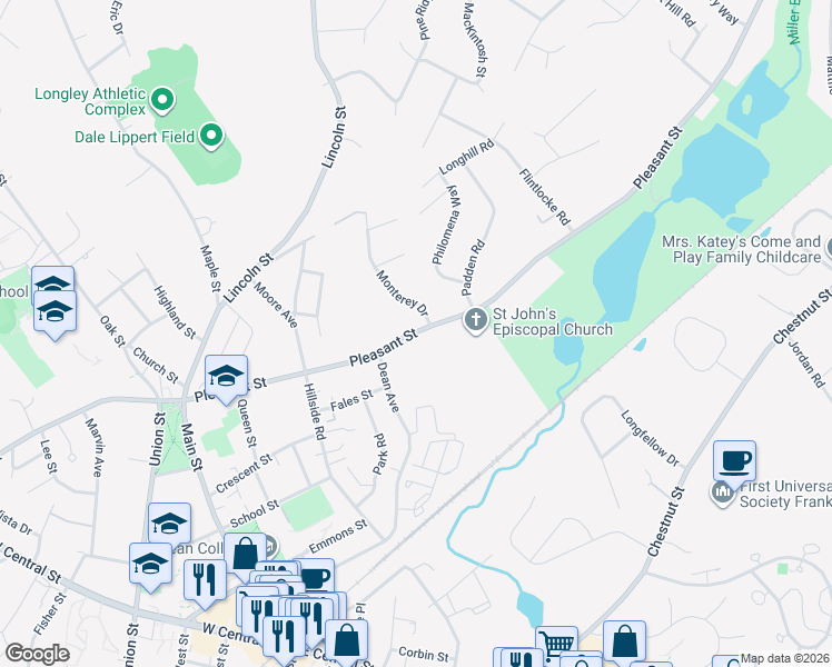 map of restaurants, bars, coffee shops, grocery stores, and more near 189 Pleasant Street in Franklin