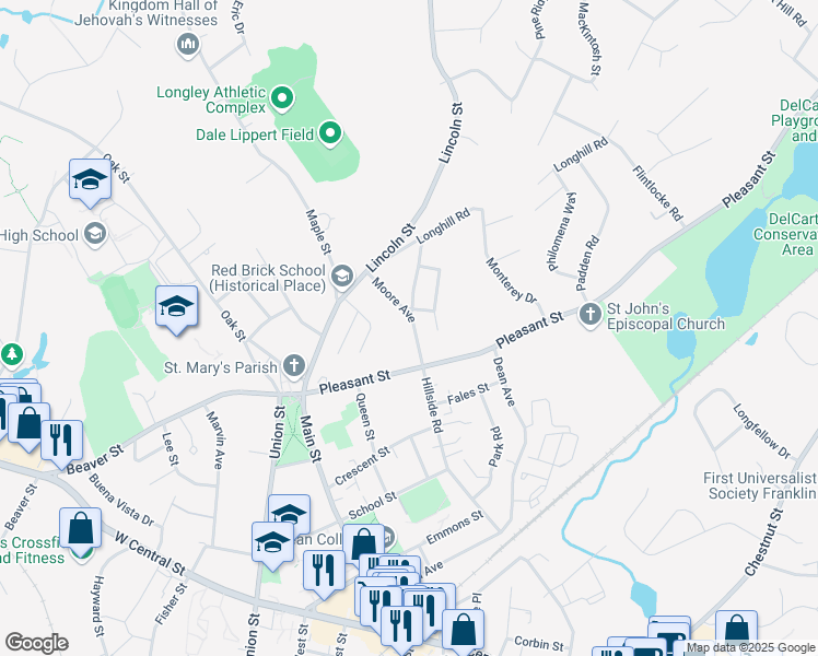 map of restaurants, bars, coffee shops, grocery stores, and more near 34 Moore Avenue in Franklin