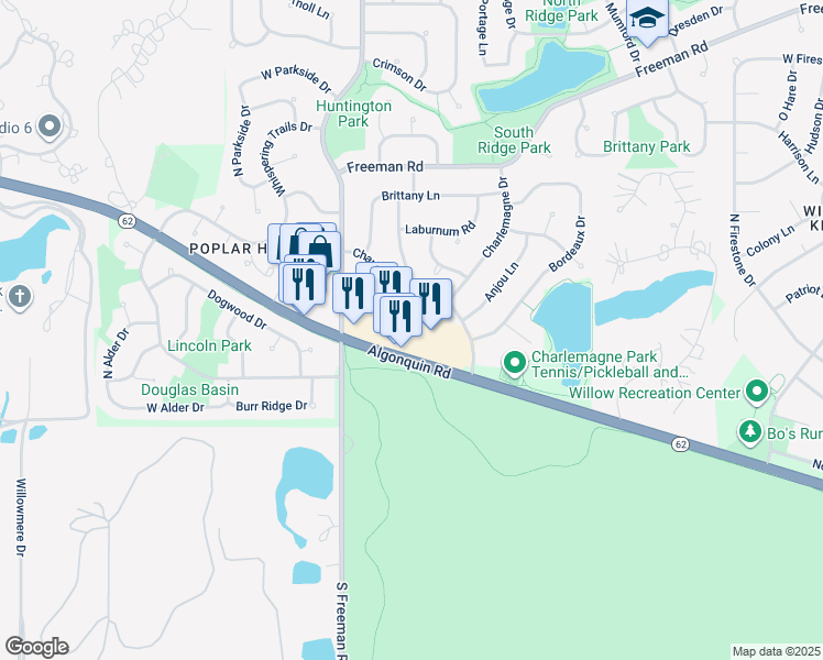 map of restaurants, bars, coffee shops, grocery stores, and more near 1600 West Algonquin Road in Hoffman Estates