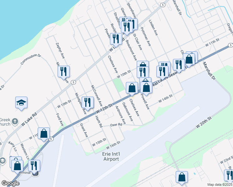 map of restaurants, bars, coffee shops, grocery stores, and more near 1110 Oakmont Avenue in Erie