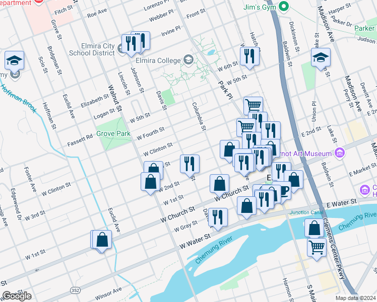 map of restaurants, bars, coffee shops, grocery stores, and more near 374 West 3rd Street in Elmira