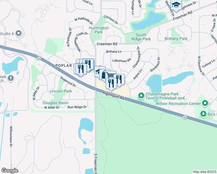 map of restaurants, bars, coffee shops, grocery stores, and more near 1600 West Algonquin Road in Hoffman Estates