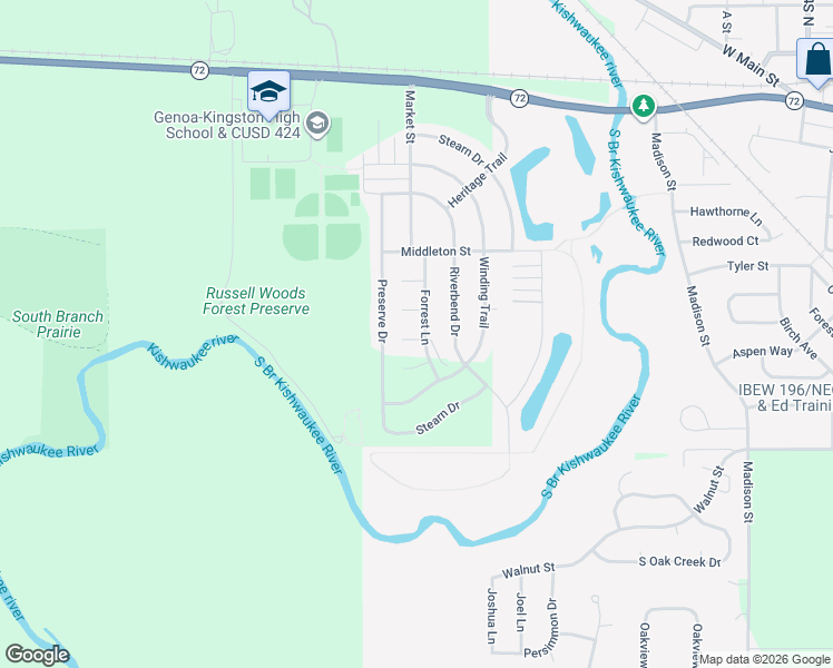 map of restaurants, bars, coffee shops, grocery stores, and more near 609 Forrest Lane in Genoa