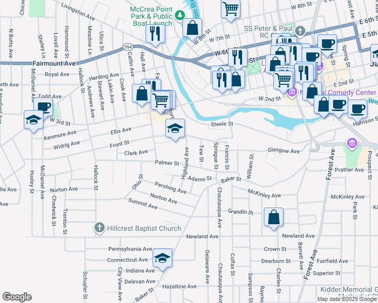 map of restaurants, bars, coffee shops, grocery stores, and more near 21 Highland Ave in Jamestown
