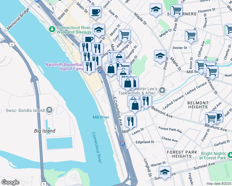map of restaurants, bars, coffee shops, grocery stores, and more near 57 York Street in Springfield