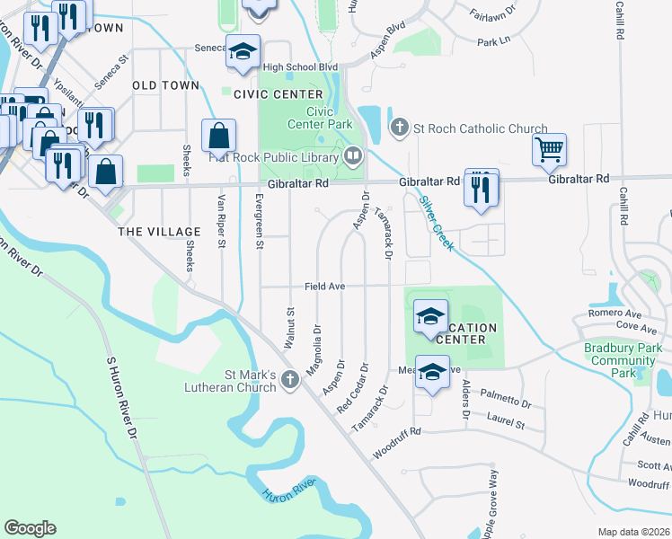 map of restaurants, bars, coffee shops, grocery stores, and more near 29444 Aspen Drive in Flat Rock