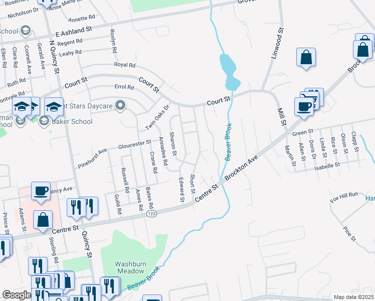 map of restaurants, bars, coffee shops, grocery stores, and more near 93 Edward Street in Brockton