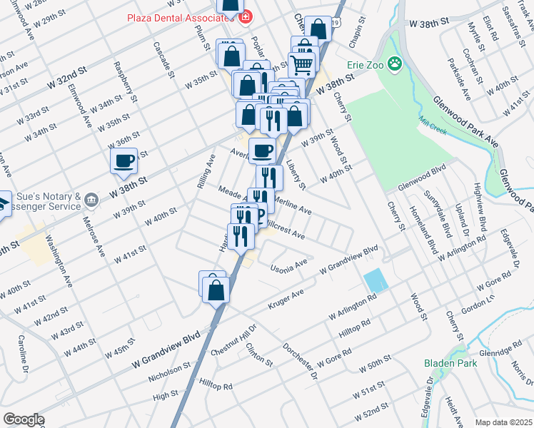 map of restaurants, bars, coffee shops, grocery stores, and more near 4119 Wabash Ave in Erie