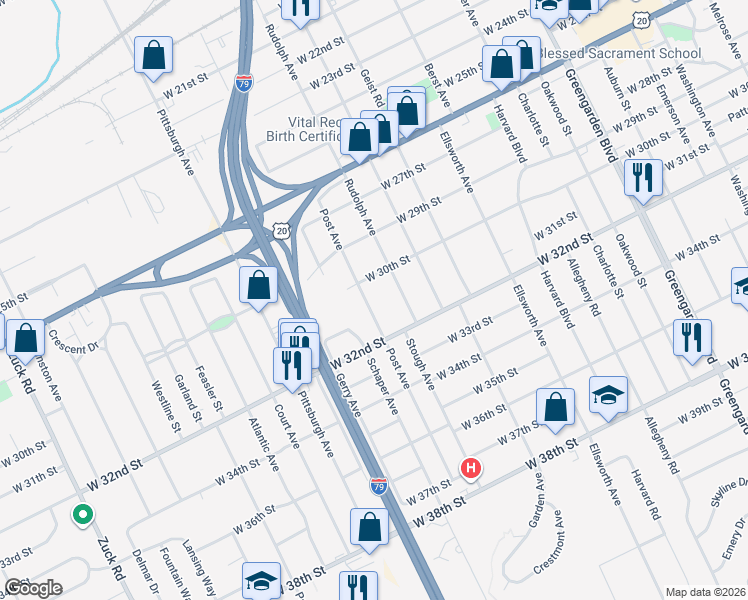 map of restaurants, bars, coffee shops, grocery stores, and more near 3021 Post Ave in Erie