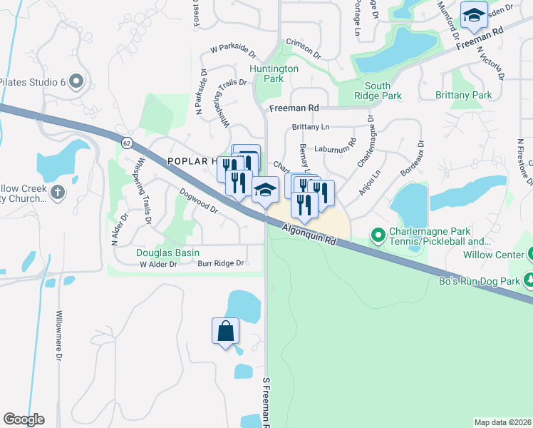 map of restaurants, bars, coffee shops, grocery stores, and more near 3801 Huntington Boulevard in Hoffman Estates